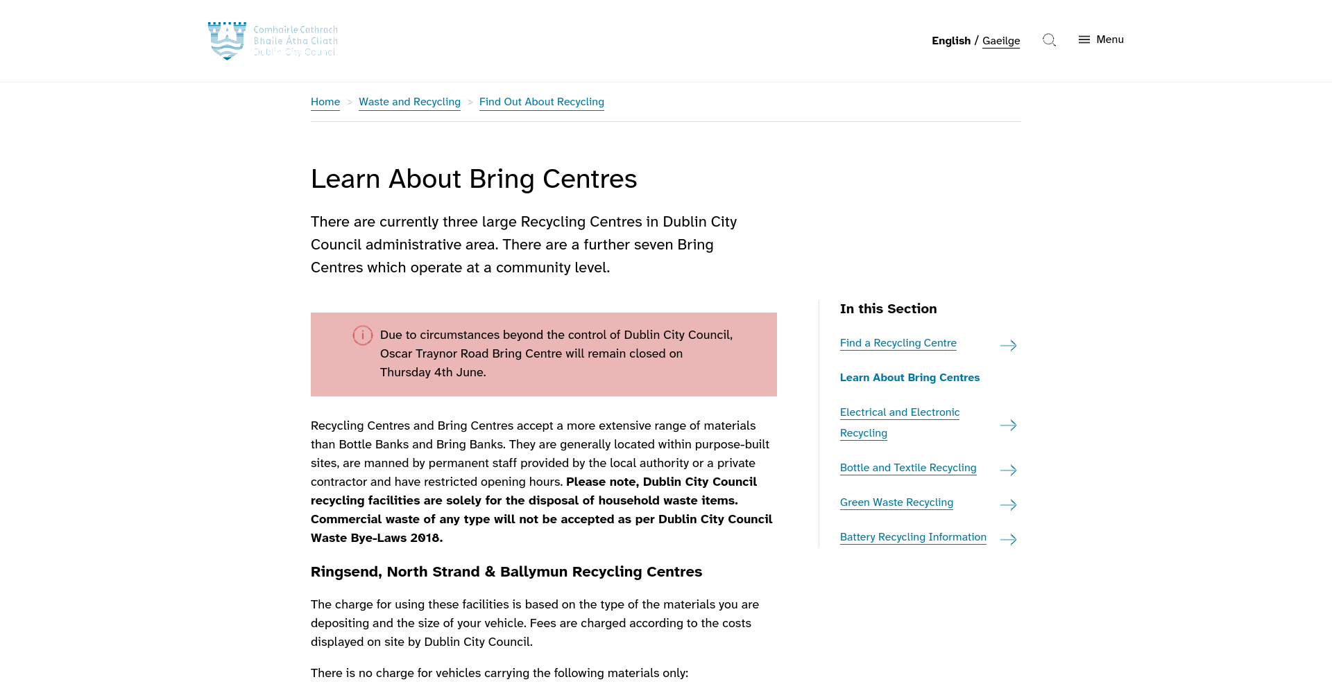爱尔兰垃圾公司与大型 Bring Centre 指南：如何找到最近的回收中心的官方公开页面截图