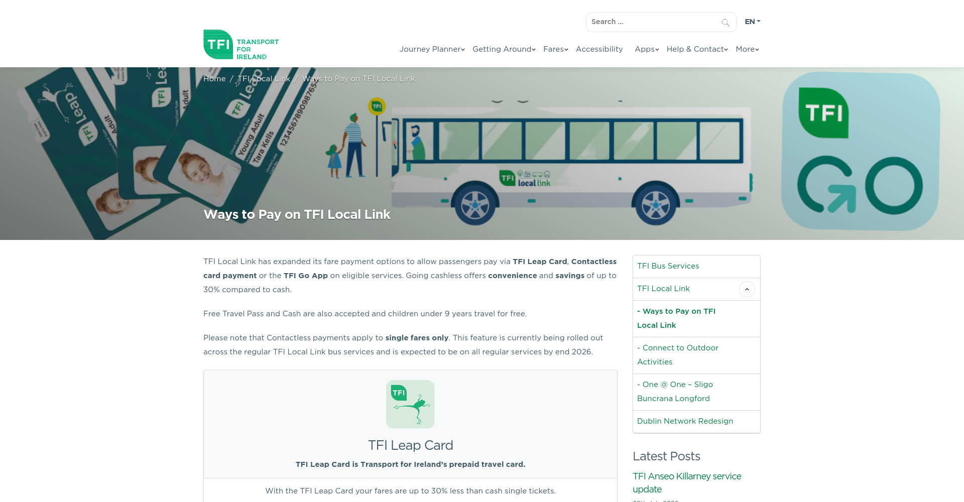 TFI Local Link 官方付款页面展示各地区 Leap、TFI Go 和 contactless 覆盖表
