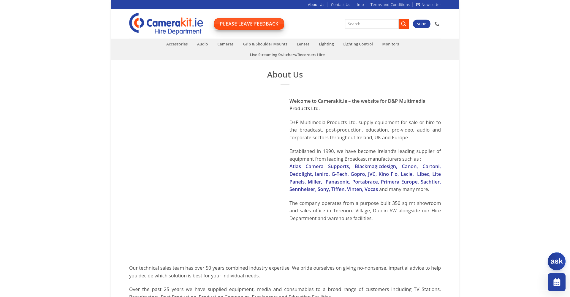 CameraKit.ie 专业器材租赁介绍页面，说明其面向影视、广播、音频和制作项目的销售与租赁服务。