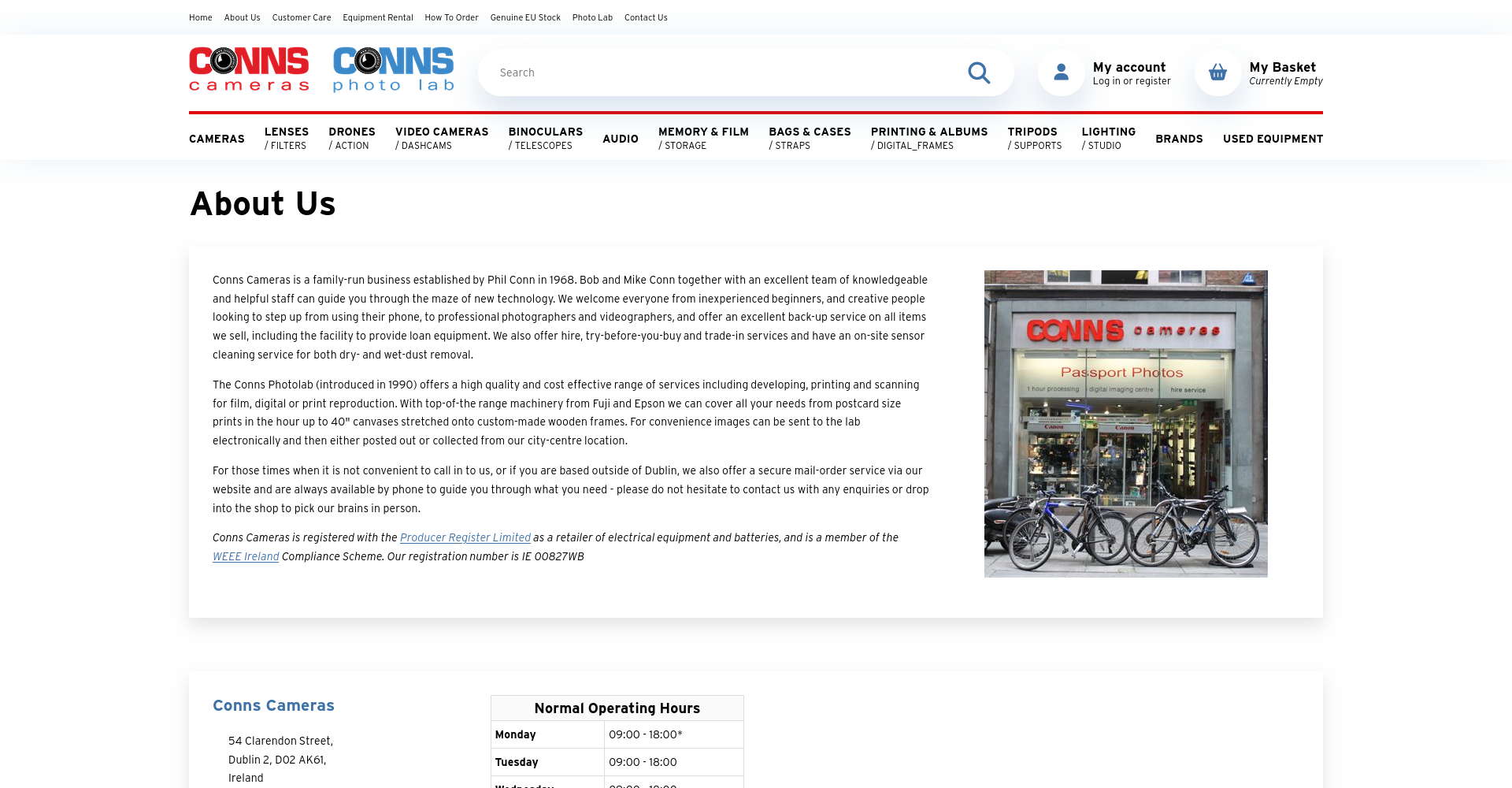 Conns Cameras 官方门店介绍页面，列出都柏林地址以及租赁、置换、试用和传感器清洁等服务。
