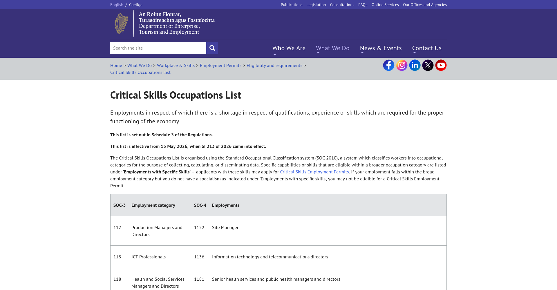 DETE 的 Critical Skills Occupations List 官方页面，显示 2026 年 5 月 13 日生效日期、SOC 2010 说明及清单表格