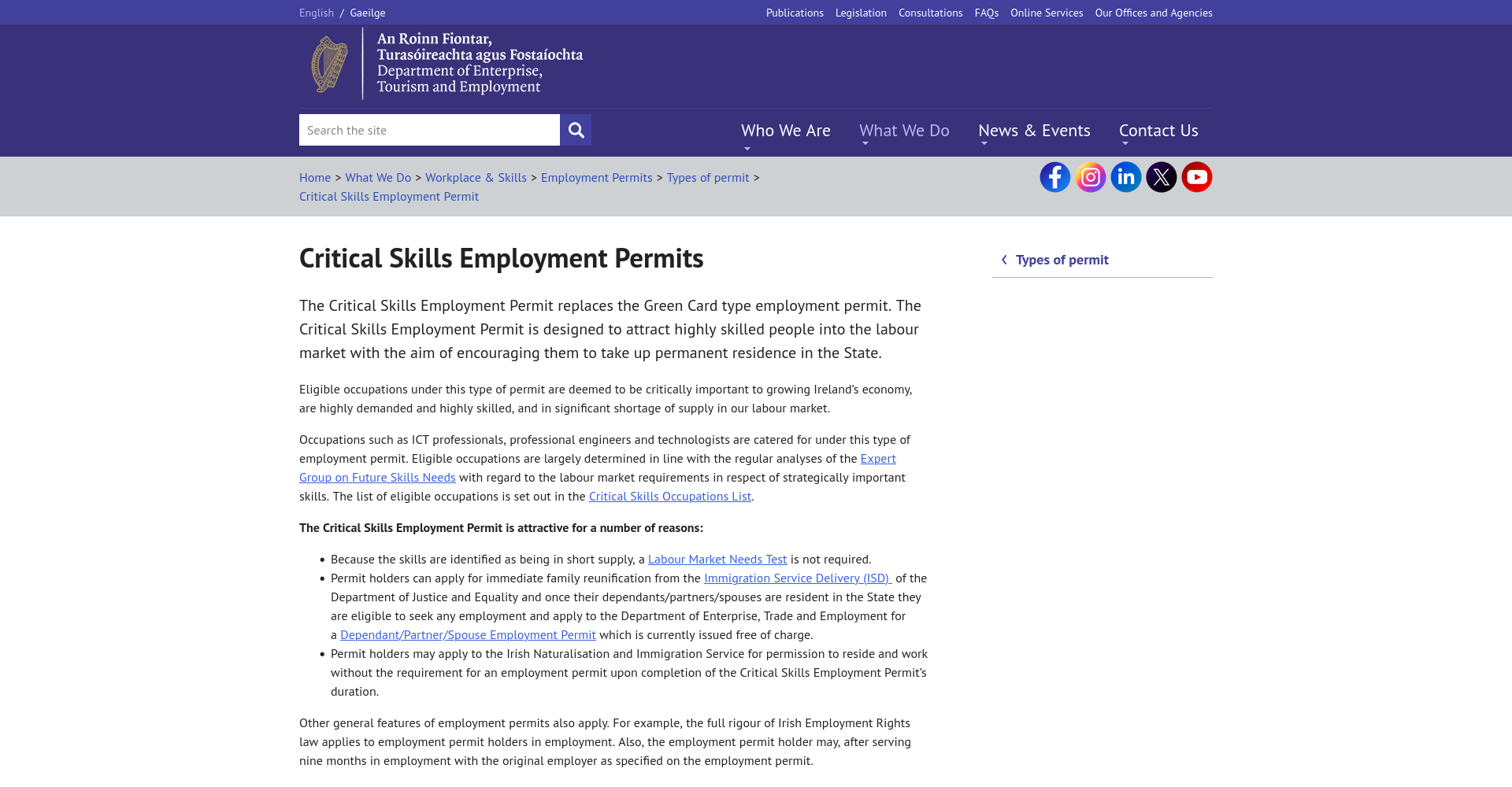 DETE 的 Critical Skills Employment Permit 官方说明页，页面顶部显示许可简介与政策入口
