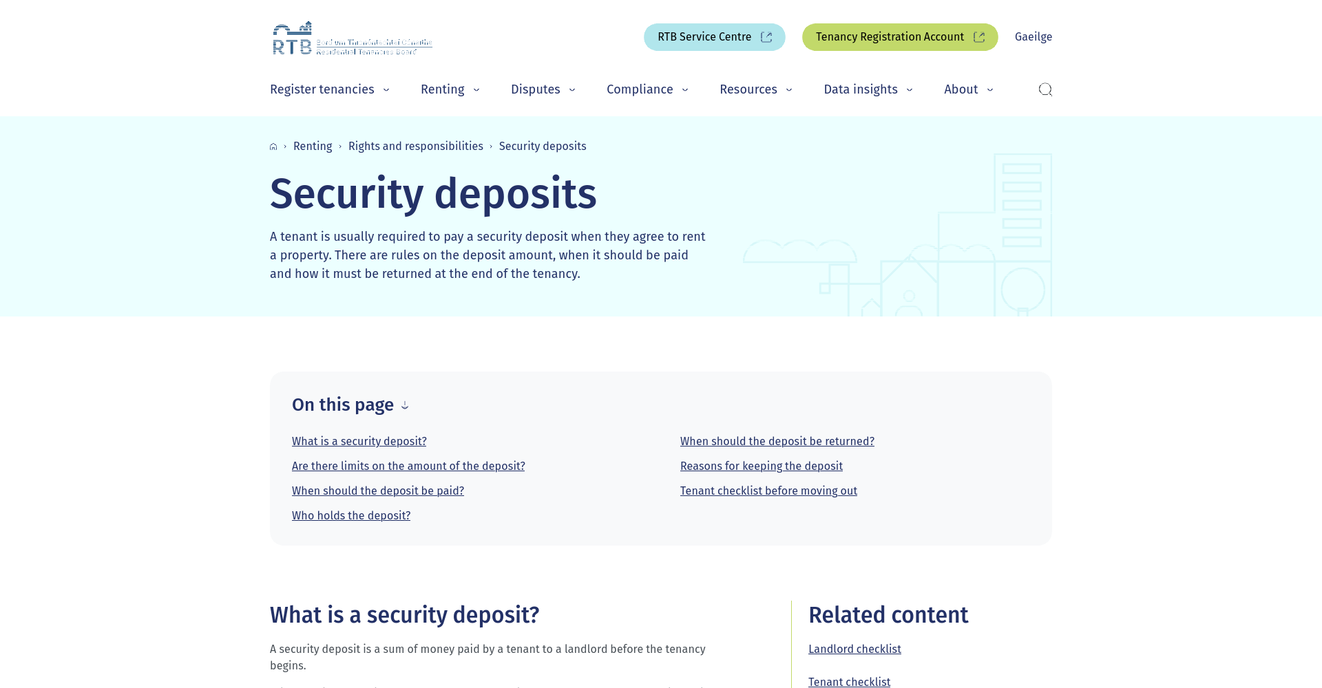 RTB security deposits 公开说明页面，用于核对押金返还、允许扣款和证据提示。