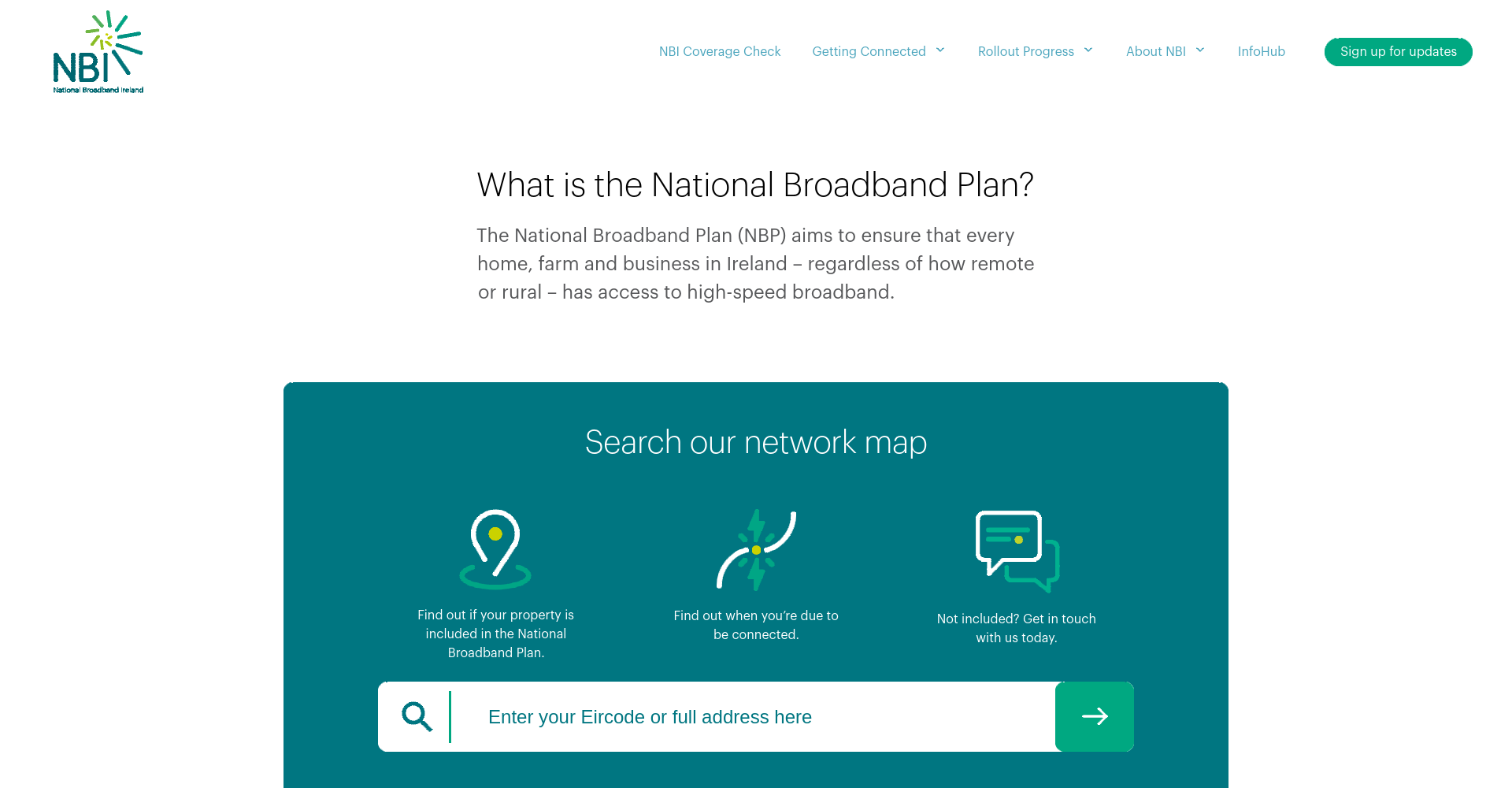 National Broadband Ireland 网络地图公开页面，可输入 Eircode 查看国家宽带计划区域和 rollout 状态入口。