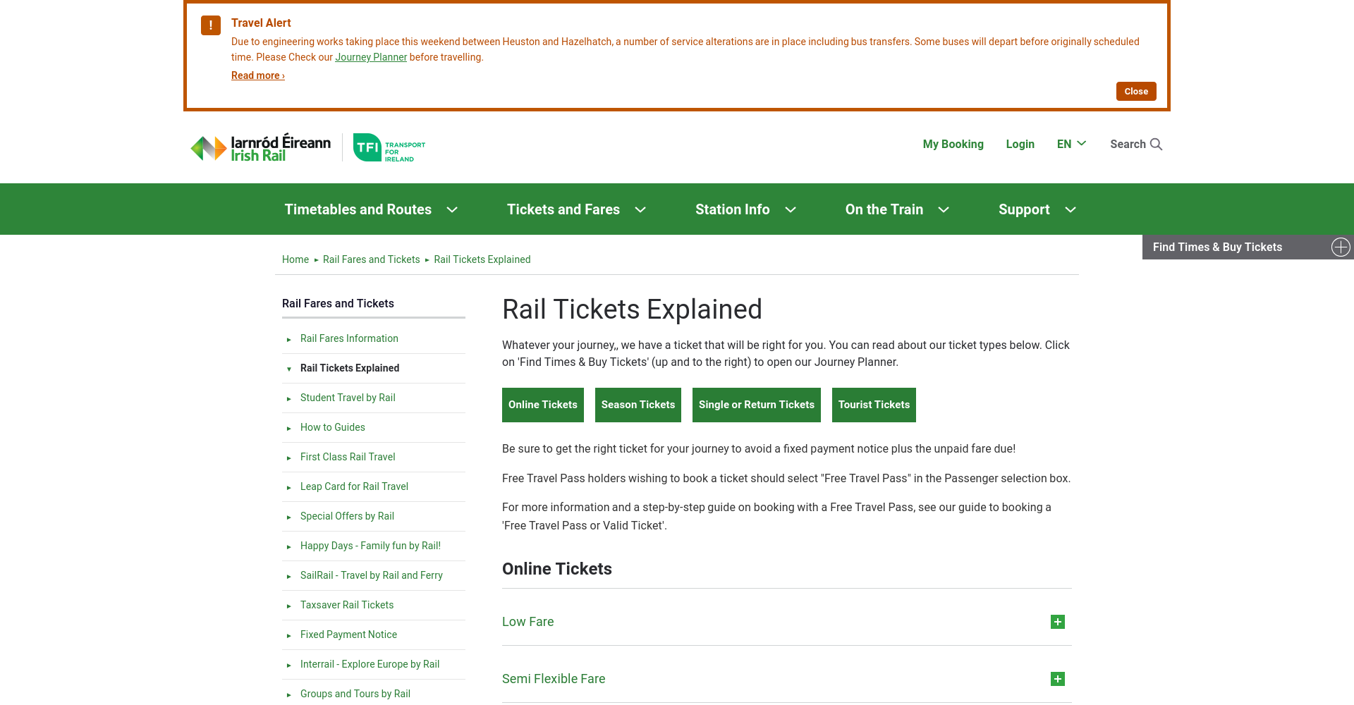 Irish Rail 官网票种说明页截图，显示票种介绍与查询购票入口。