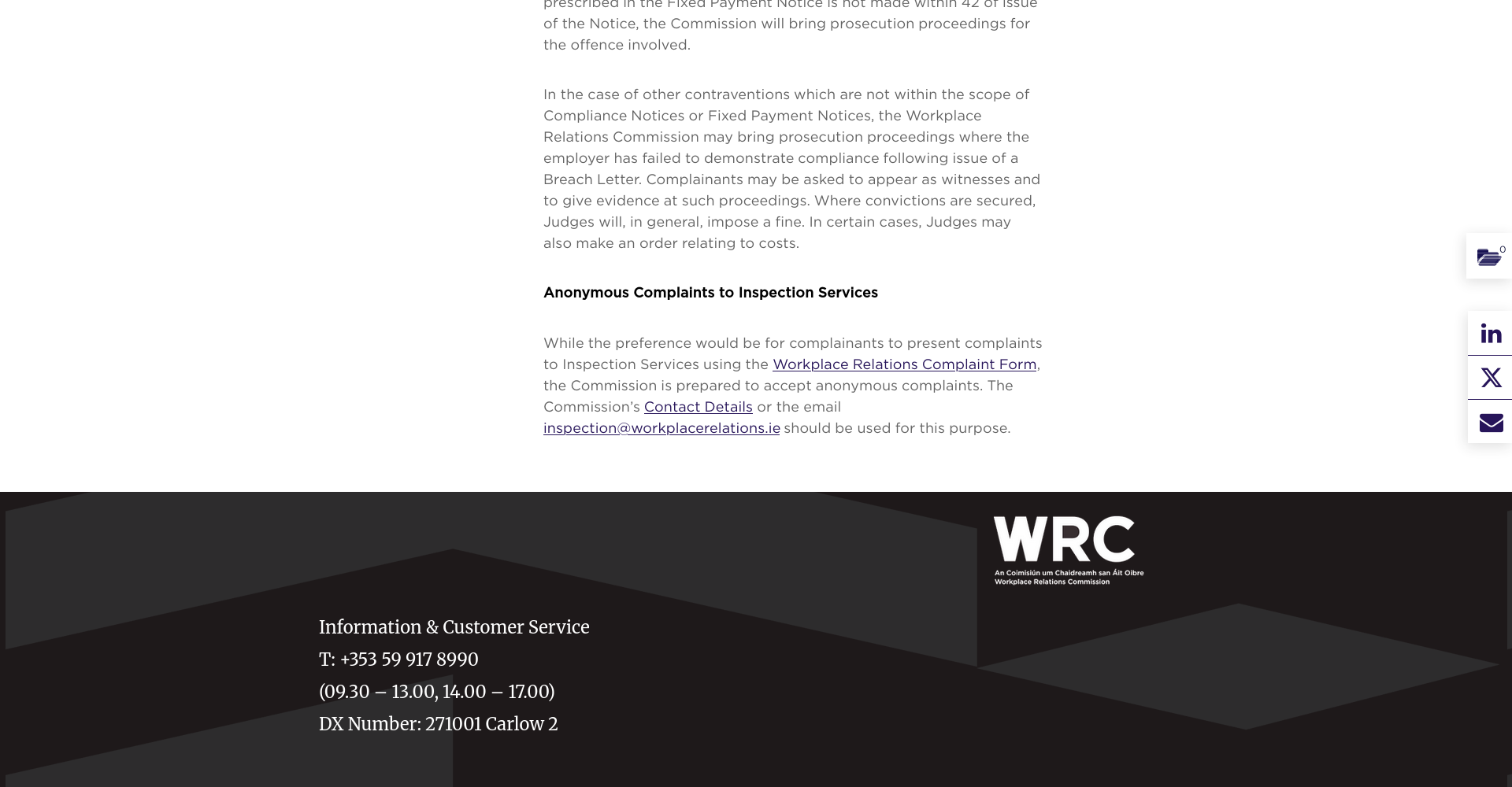WRC Inspection Services 官方页面，说明检查服务接受匿名投诉线索。