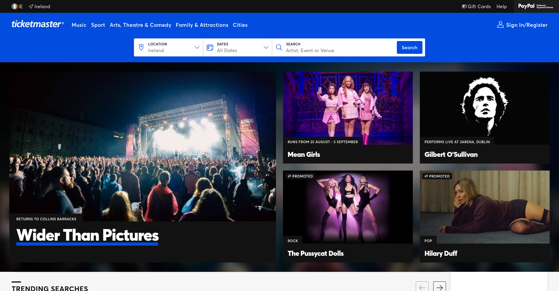 Ticketmaster Ireland 公开首页截图，显示活动搜索和票务入口，用于说明票务代理首页不等于具体演出的主办方页面。