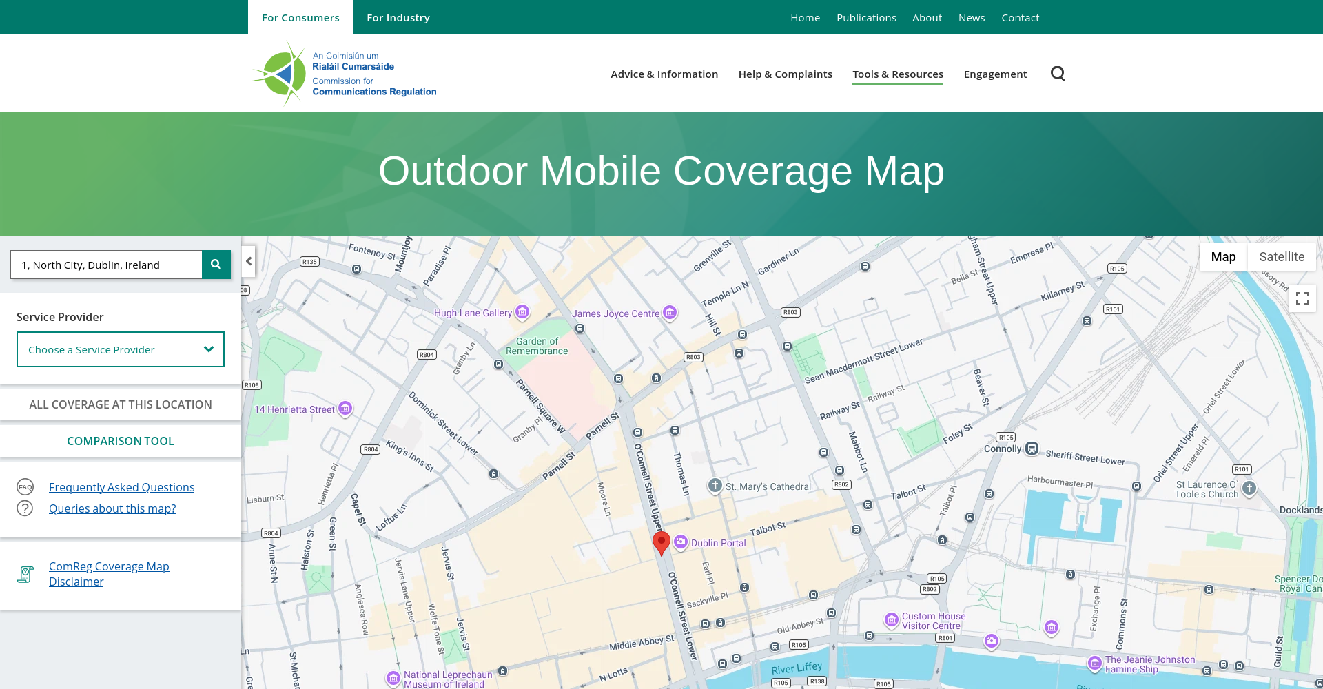 ComReg Coverage Map 公开页面，显示输入地址或 Eircode 并按 2G、4G、5G 查看预测覆盖的入口。