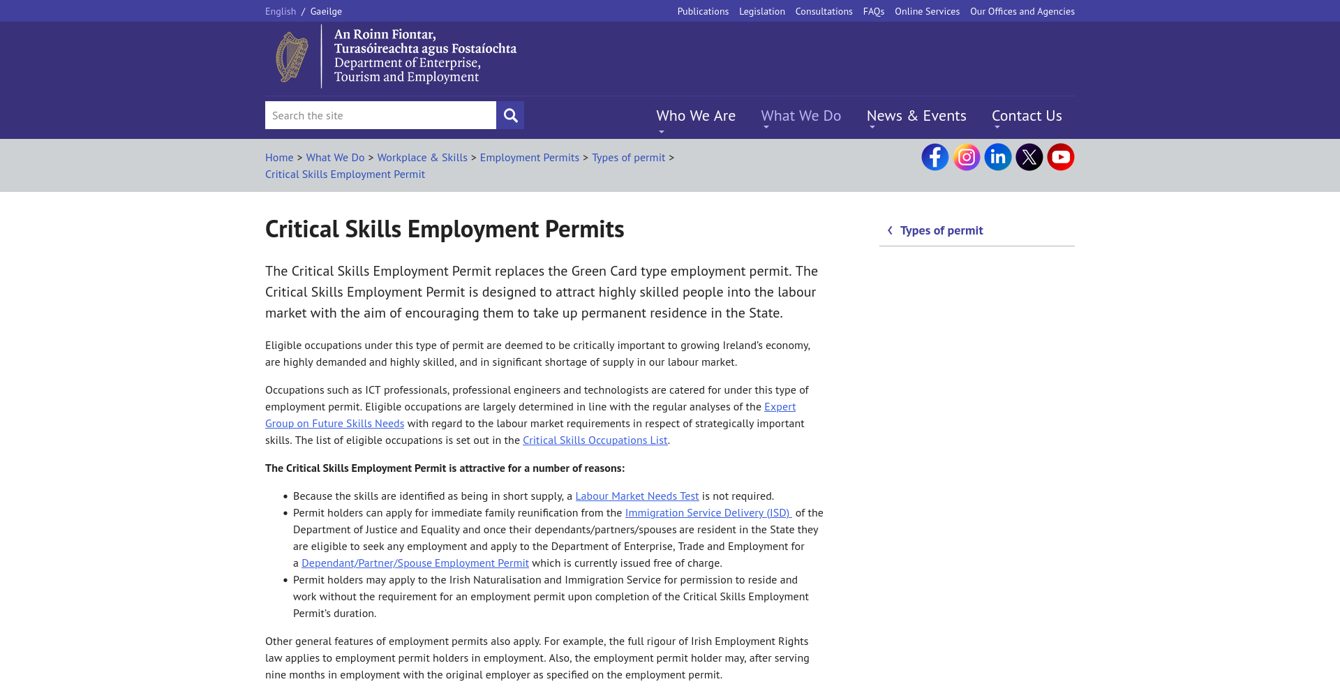 DETE Critical Skills Employment Permit 官方公开页面截图。