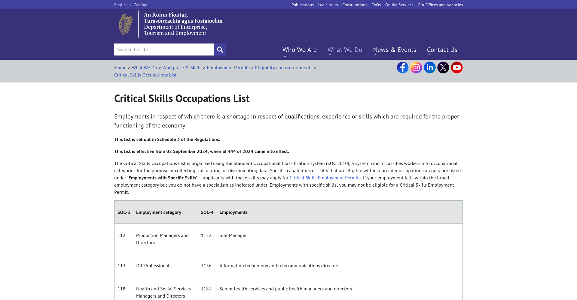 DETE Critical Skills Occupations List 官方公开页面截图。
