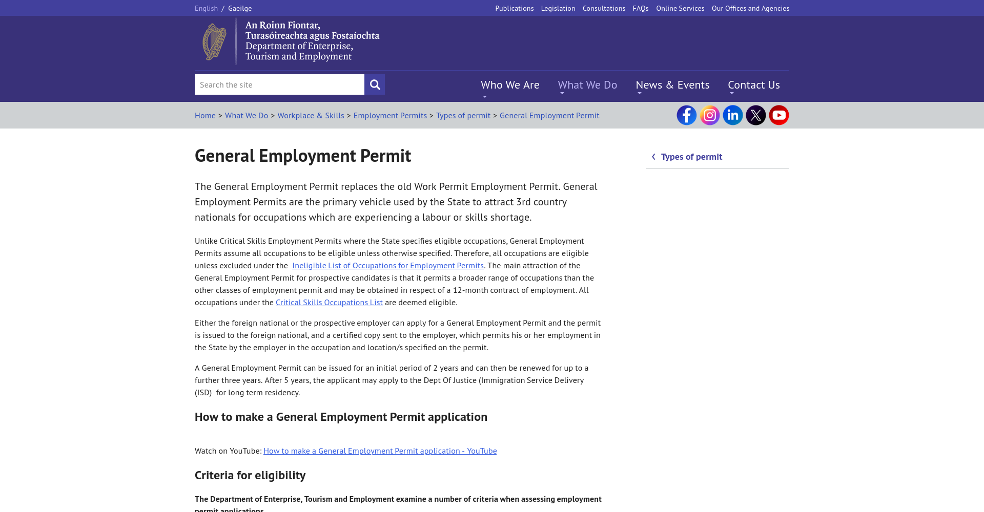 DETE General Employment Permit 官方公开页面截图。