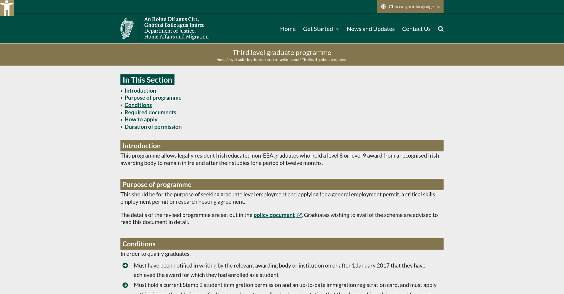 Irish Immigration Third Level Graduate Programme 官方公开页面截图。