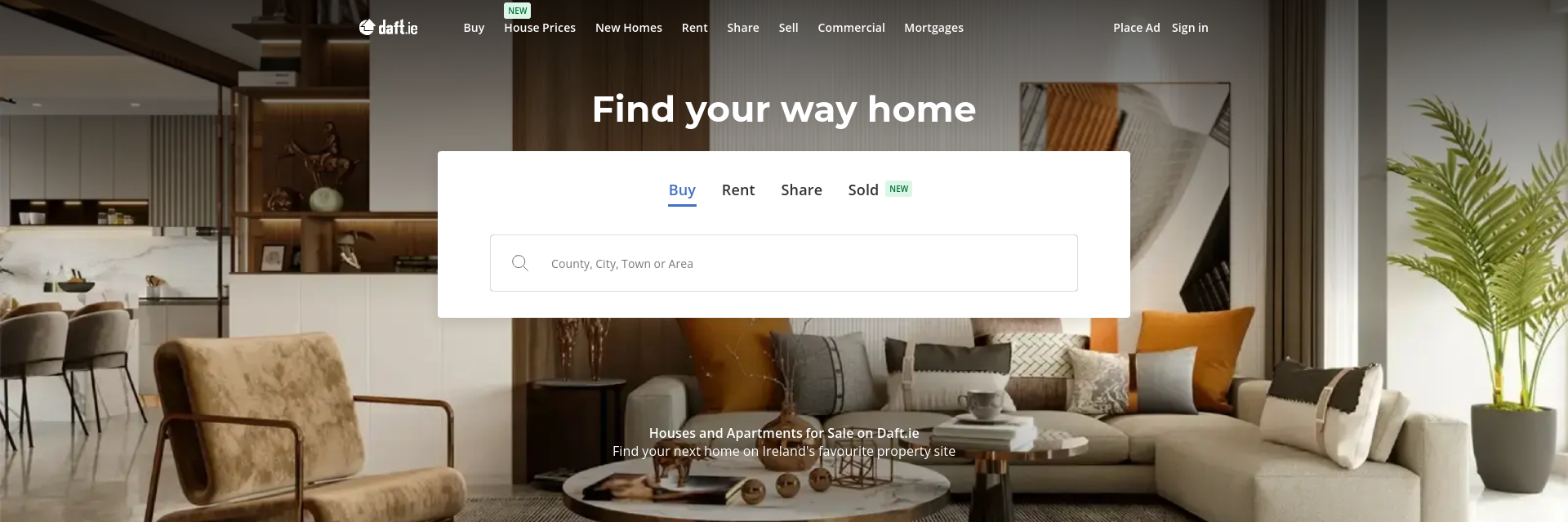 Daft.ie 桌面端首页首屏，顶部包含 Buy（买房）、Rent（租房）、Commercial（商业房产）等导航选项，中间显示 Find your way home（找到回家的路）标题及 Buy、Rent、Share、Sold 四个搜索标签，下方设有可输入郡、市、镇或区域的搜索框。