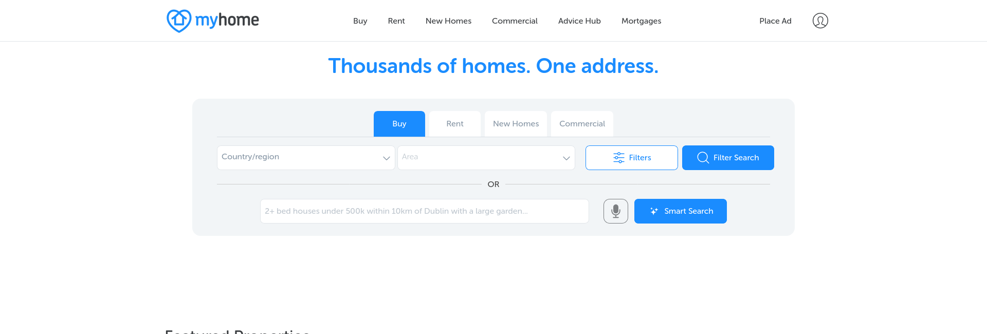 MyHome.ie 桌面端首页首屏，顶部导航包含 Buy（买房）、Rent（租房）、Advice Hub（建议中心）等，中间显示 Thousands of homes. One address.（众多房源，一个入口）标题，下方设有 Buy、Rent、New Homes、Commercial 标签，以及区域选择、筛选和 Smart Search（智能搜索）控件。