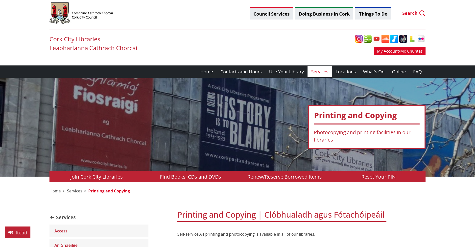 Cork City Libraries 打印与复印服务页截图，展示常用纸张规格自助打印服务的介绍入口。