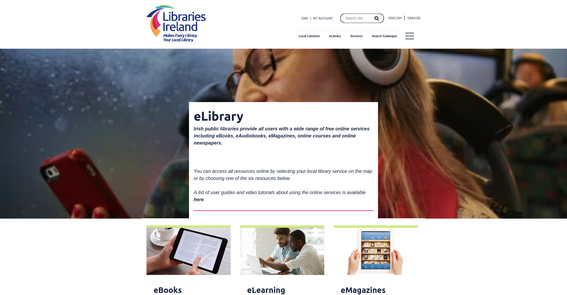 Libraries Ireland eLibrary 页面截图，显示电子书、课程、报刊和语言学习等数字资源入口。