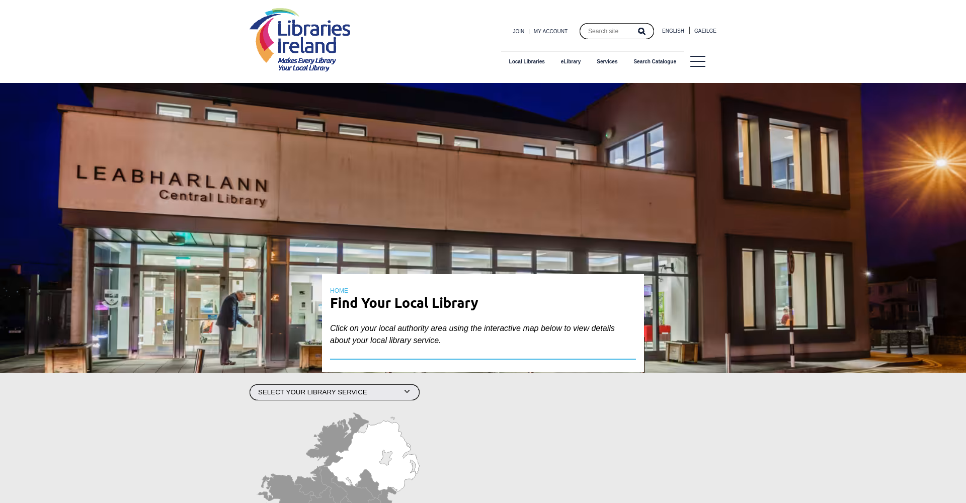 Libraries Ireland 本地图书馆查询页截图，展示通过地图选择所属图书馆服务的入口。