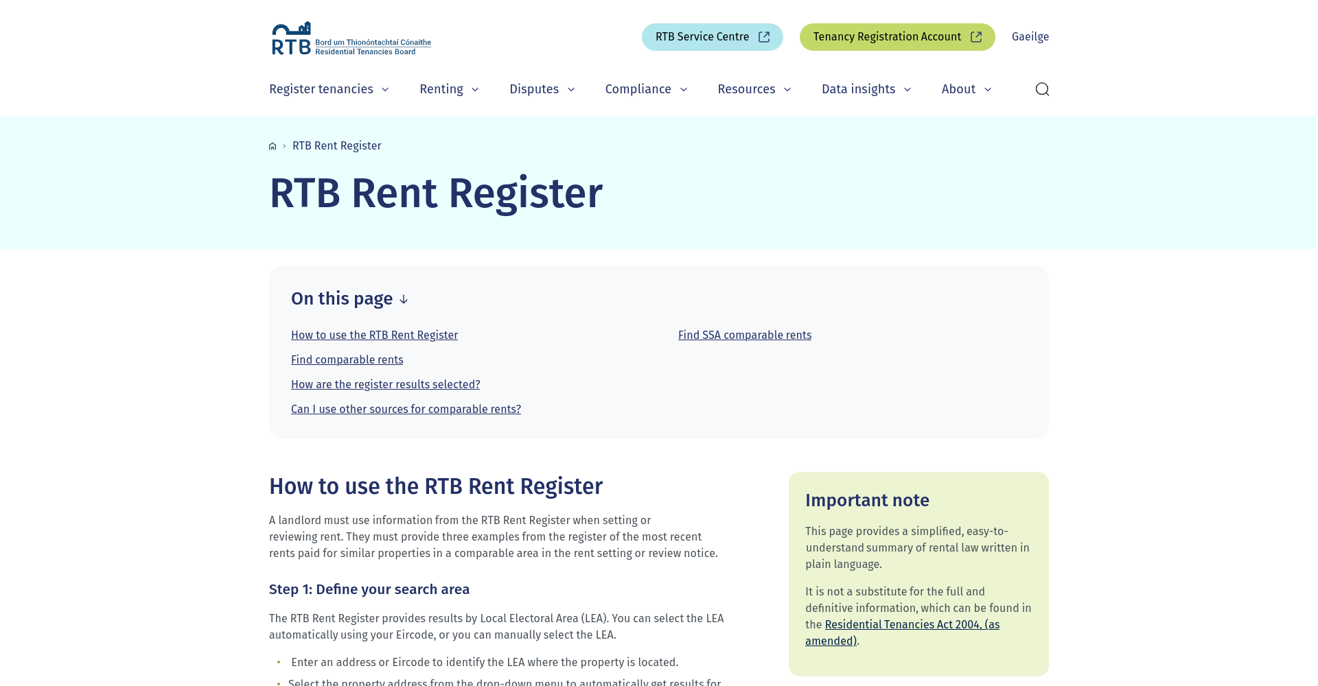 RTB Rent Register 官方公开页面截图，显示按地区、房屋类型和卧室数量查找可比租金的入口。