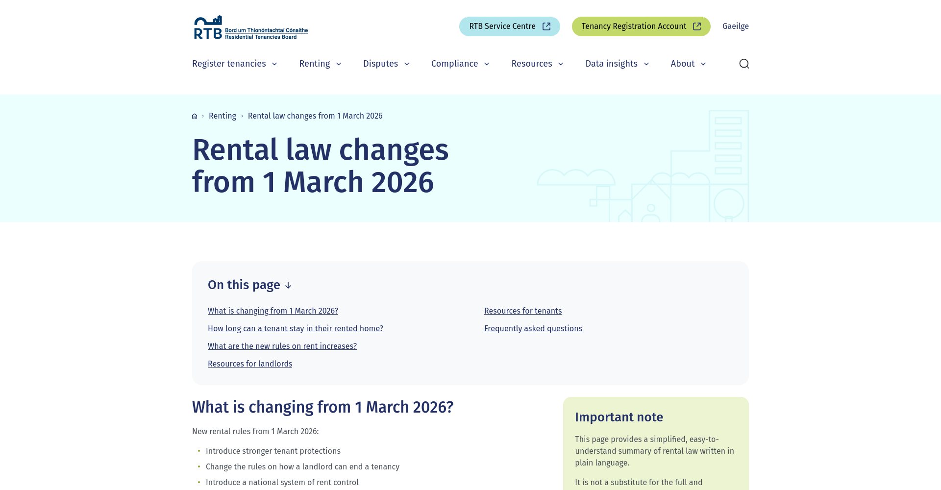 RTB 关于 2026 年 3 月 1 日租赁法律变化的官方公开页面截图，显示租金和居住保障变化的入口信息。
