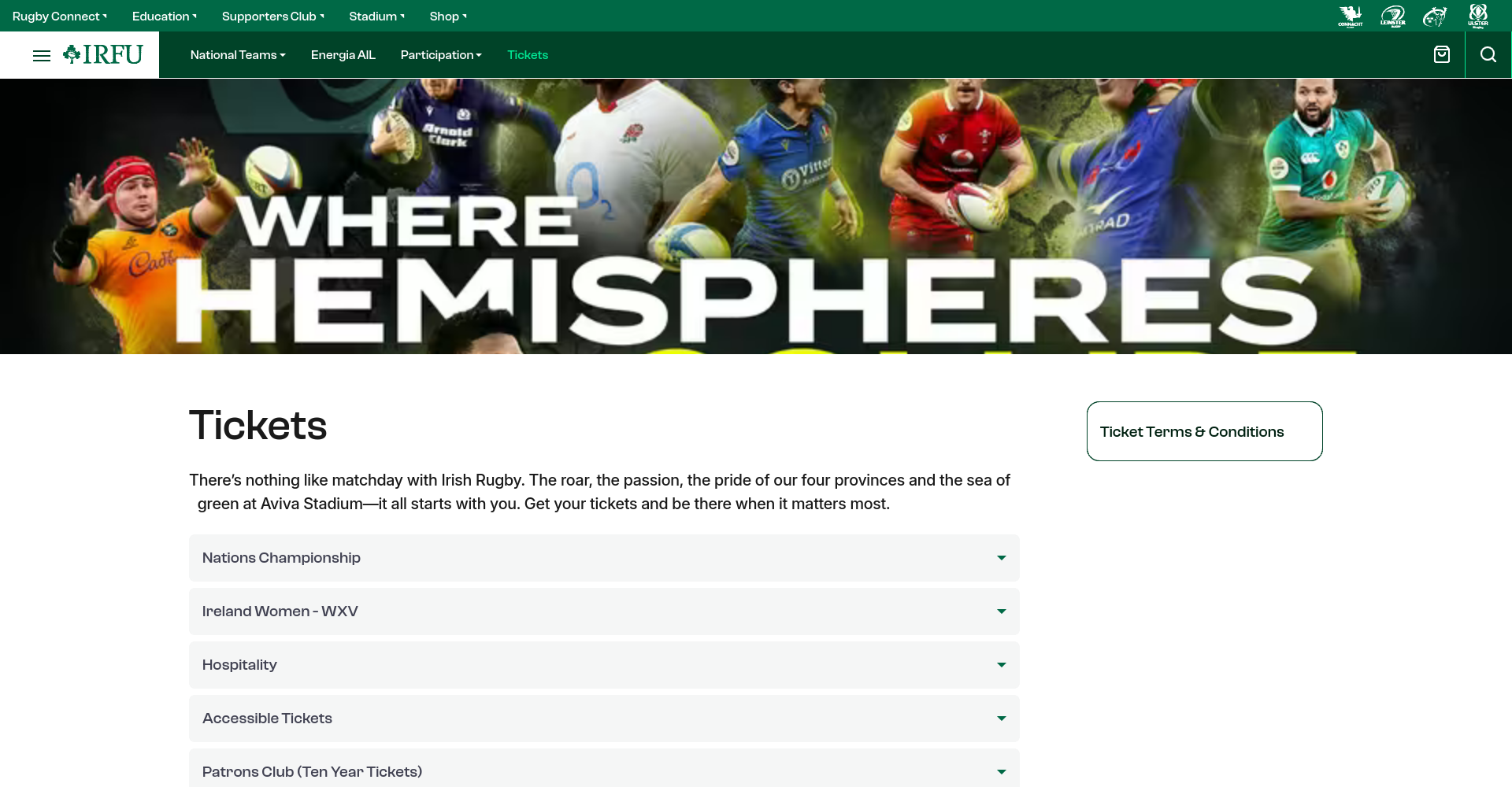 IRFU 官方爱尔兰橄榄球门票页面的公开信息区，显示 Tickets 标题、赛事分类和官方票务条款入口