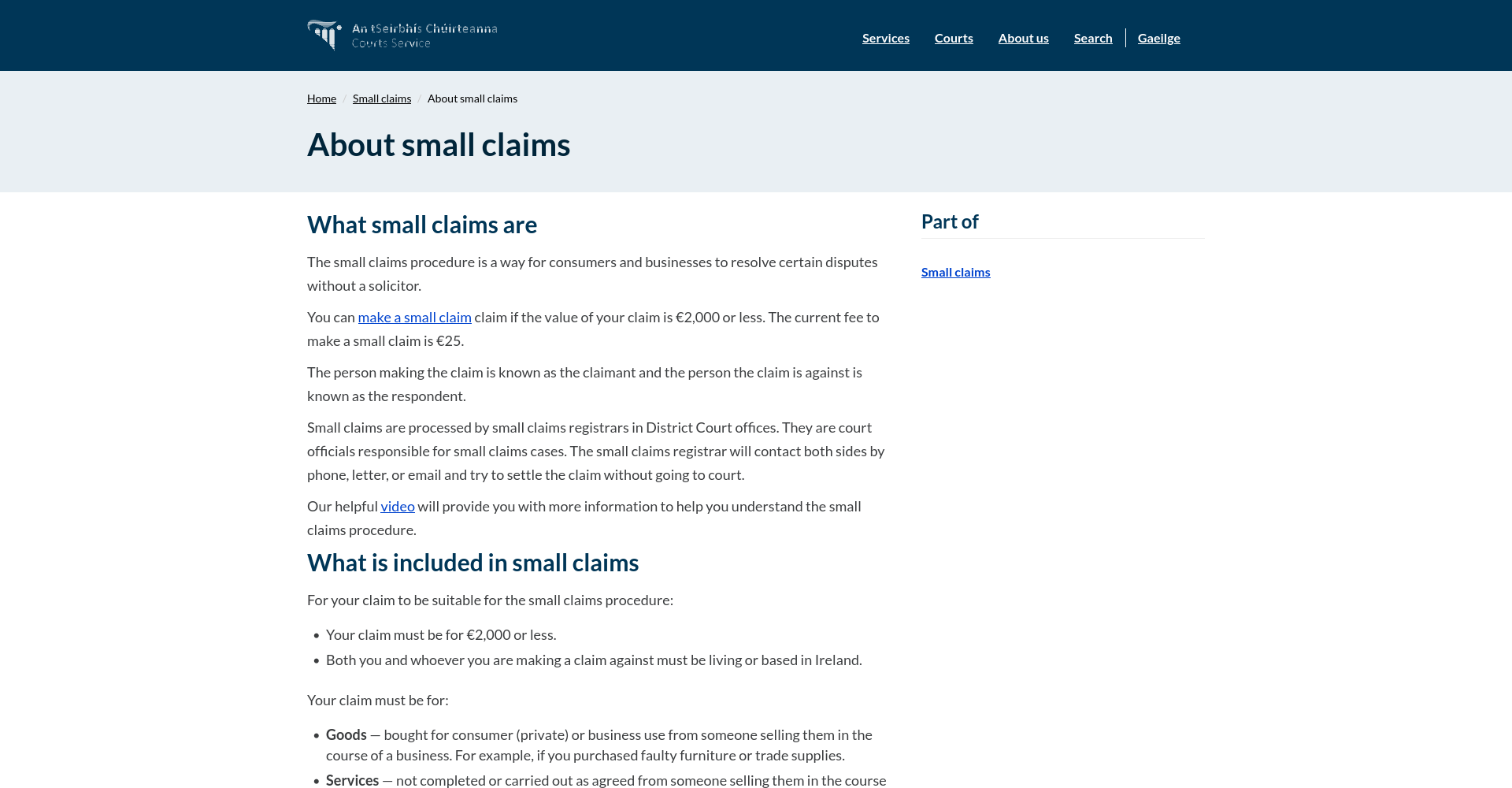 Courts Service 关于 Small Claims 适用范围和金额上限的公开说明页面截图。