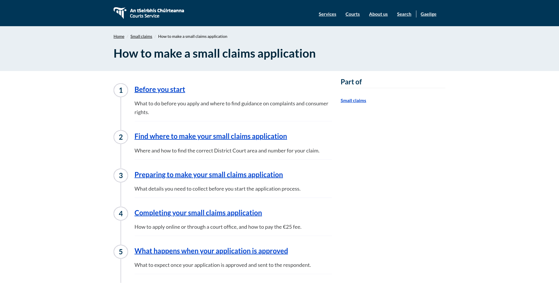 Courts Service 关于选择法院办公室和提交 Small Claims 申请的公开说明页面截图。