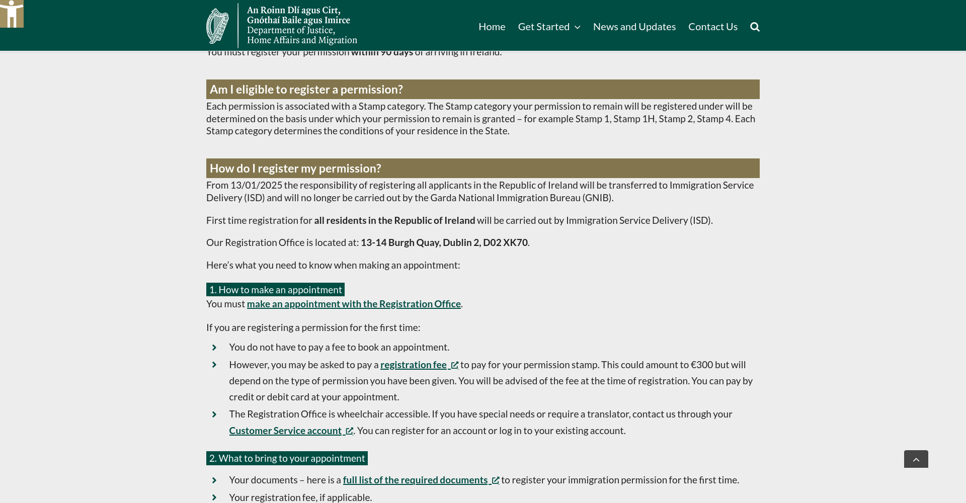Irish Immigration 第一次登记 immigration permission 官方说明页面截图