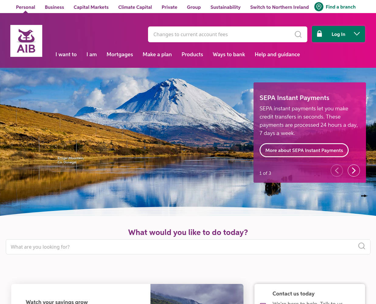 AIB 官网首页截图，展示 AIB 品牌导航、首页横幅和个人银行入口。