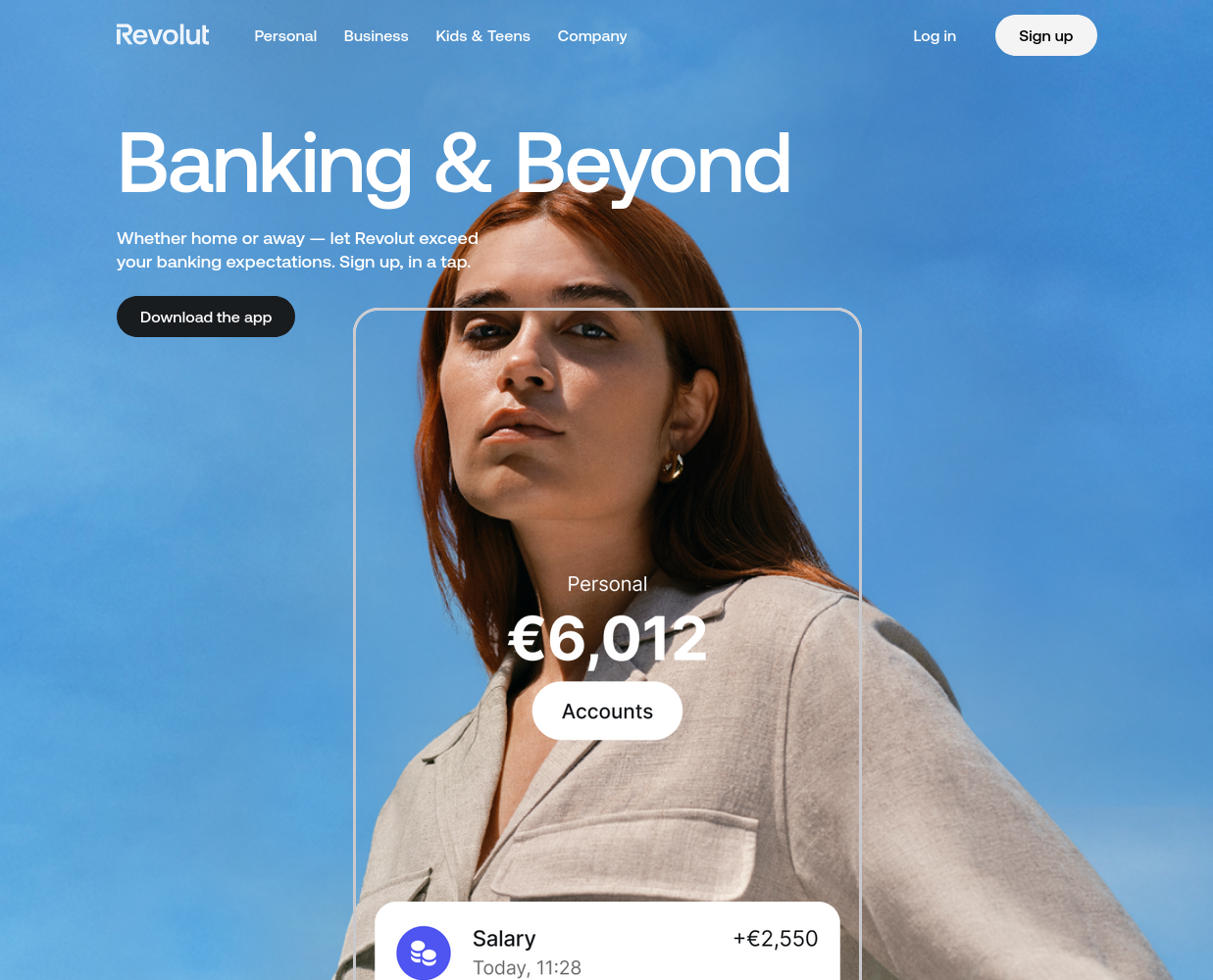 Revolut Ireland 官网首页截图，展示 Banking & Beyond 标题、下载 app 入口和个人账户 app 示意图。