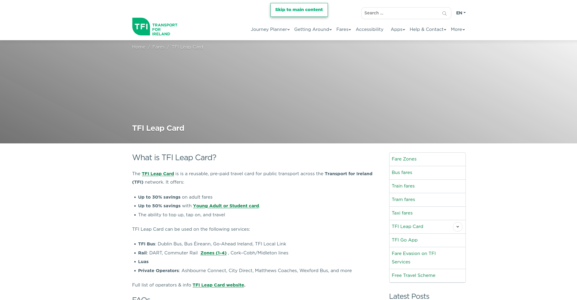 TFI Leap Card 基础：买卡、充值、刷卡和票价封顶的官方公开页面截图