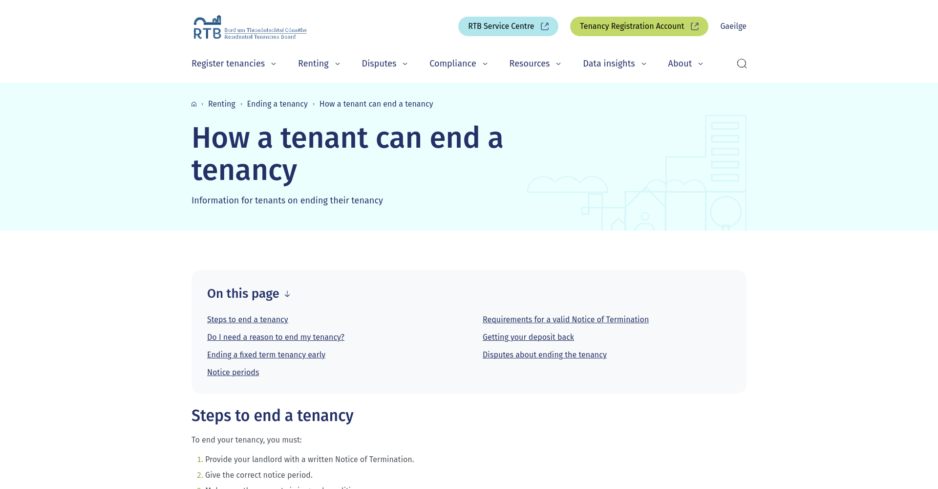RTB (Residential Tenancies Board，住宅租赁委员会) 公开的租客终止租赁信息页面，可在此查询租客通知期限的相关规定。