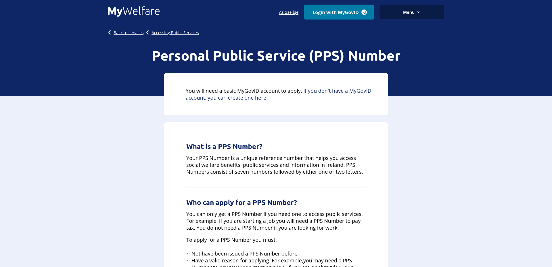 MyWelfare 的 PPS Number 公开服务页面