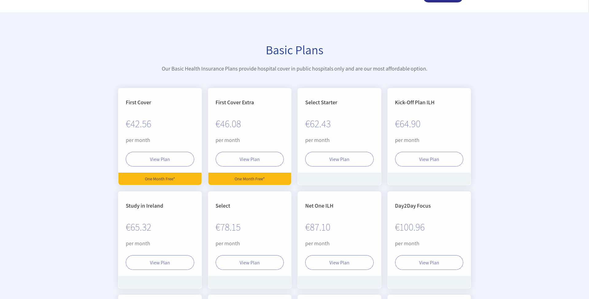 Irish Life Health 健康保险计划公开页面截图，显示计划筛选和 Basic Plans 区域。