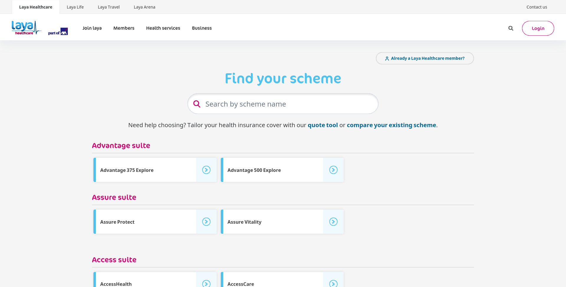 Laya Healthcare Find your scheme 公开页面截图，显示 Laya 品牌、搜索框和多个 scheme 分组。
