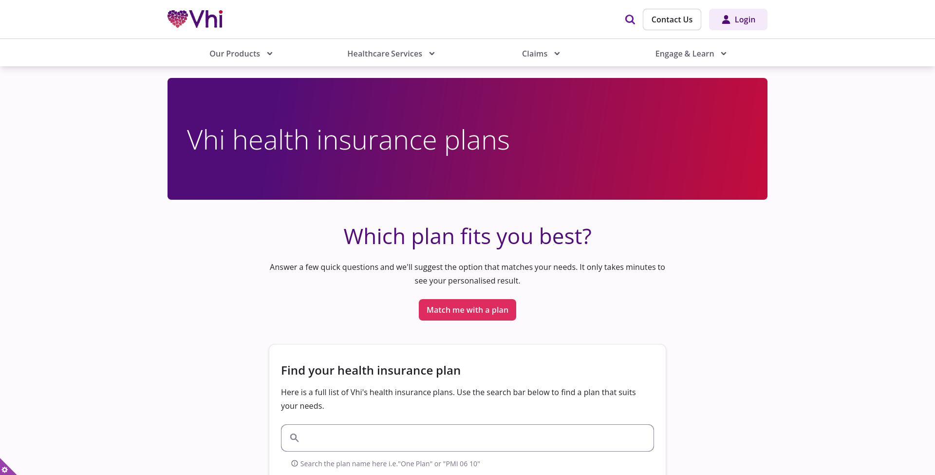 Vhi Healthcare 健康保险计划公开页面截图，显示 Vhi health insurance plans 标题、计划匹配入口和计划搜索区域。