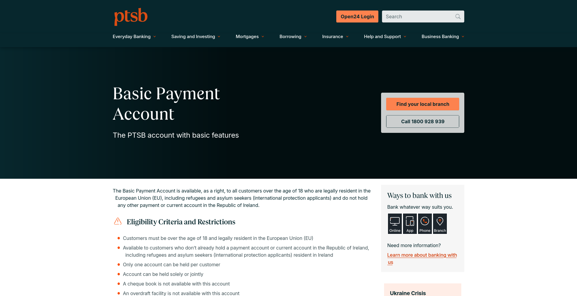 PTSB Basic Payment Account 公开页面，用于核对基础支付账户的资格、限制和当前说明。