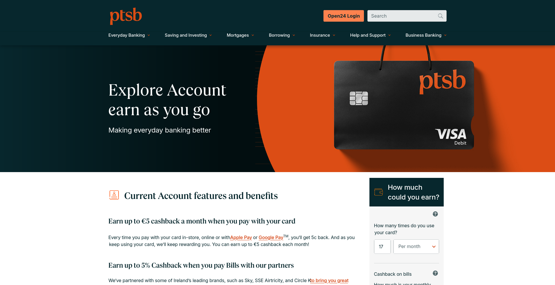 PTSB Explore Current Account 公开页面，用于核对个人账户申请入口、app 和分行路径、月费及页面上的当前说明。