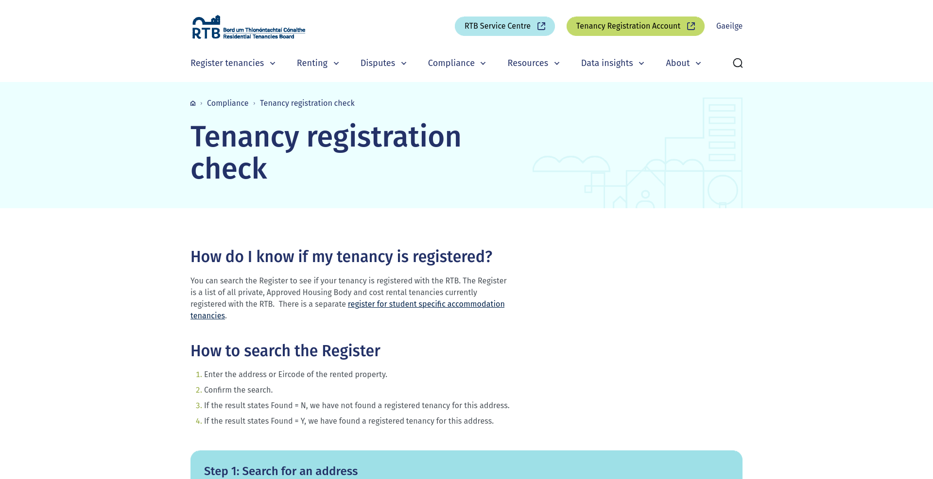 RTB tenancy registration check 公开页面，用于按地址或 Eircode 查询租约登记