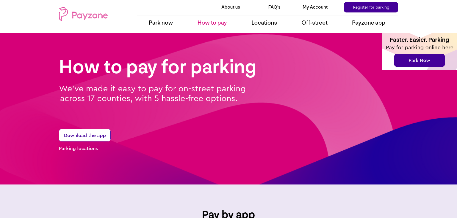 Payzone 官方停车付款公开页面截图，显示 Payzone 标志、How to pay 页面标题、Download the app 和 Parking locations 入口。