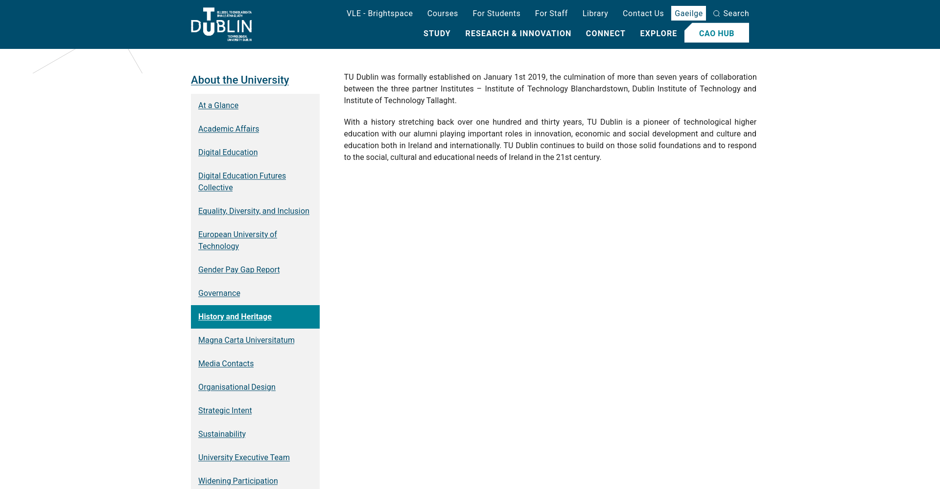 TU Dublin 全解析：百年办学传统、五大校区、专业申请与知名校友的官方公开页面截图