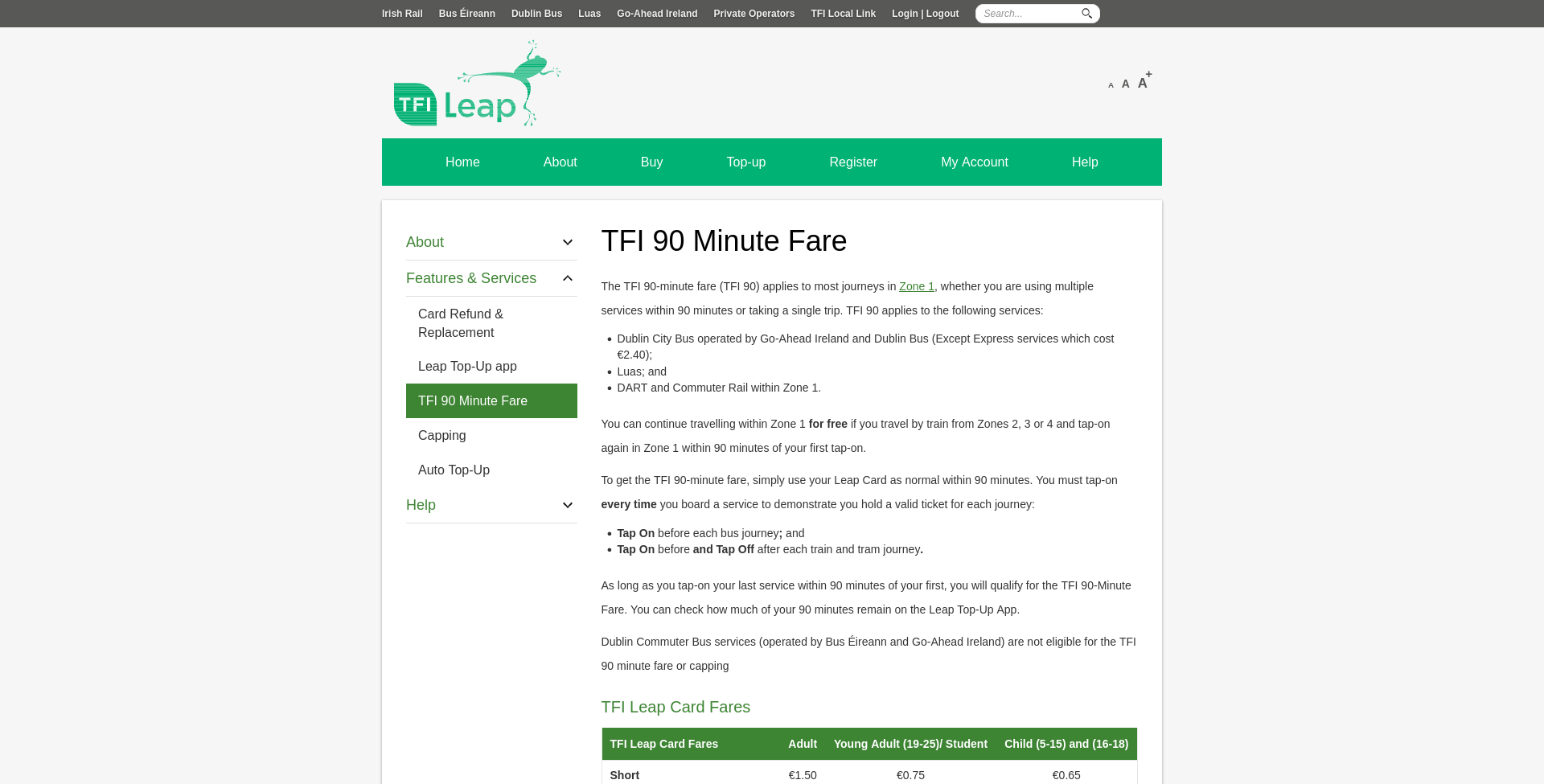 TFI 90 Minute Fare 官方公开页面截图，展示适用服务、刷卡规则和票价表