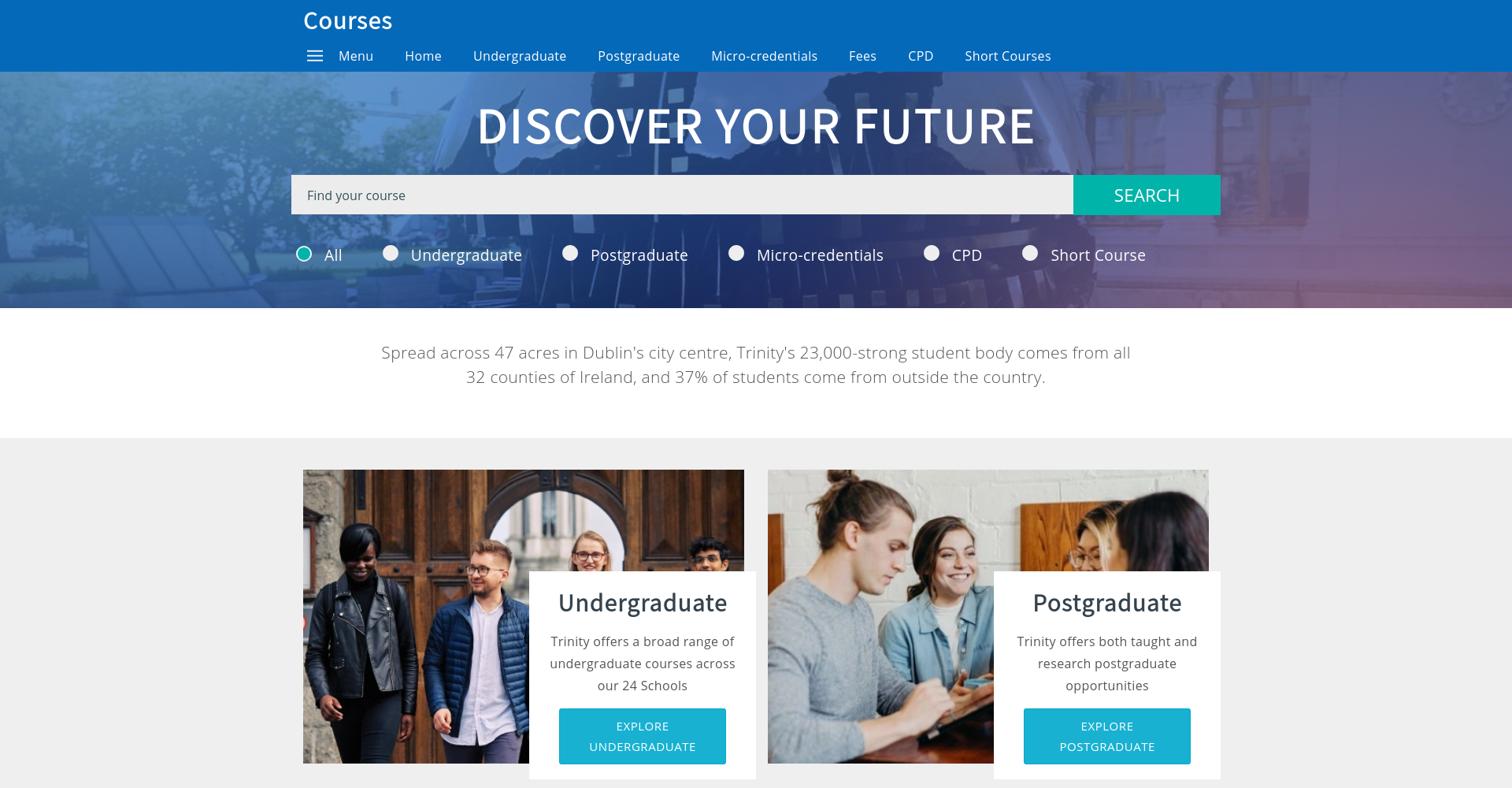 Trinity College Dublin 详细介绍：排名、专业、申请、学费与住宿的官方公开页面截图