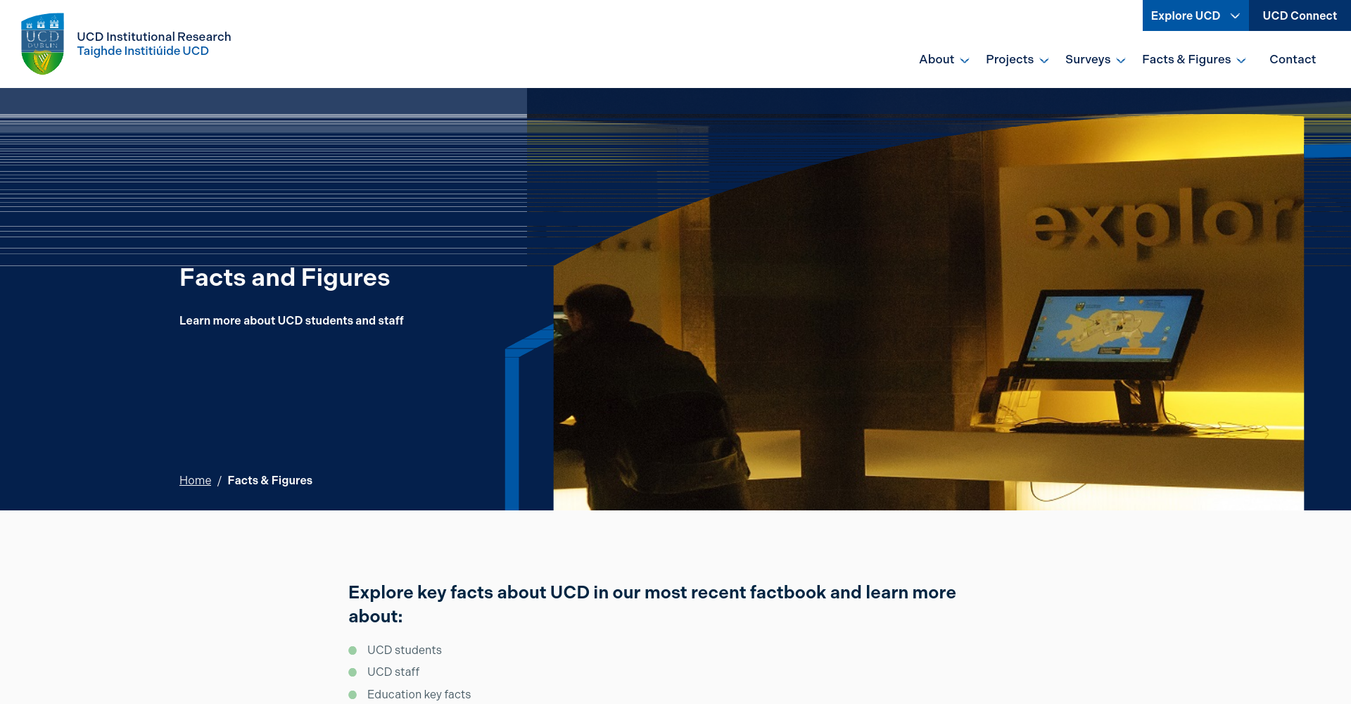 UCD Institutional Research 网页截图，显示页面顶部导航、Facts and Figures 标题以及 Factbook 统计数据入口链接。