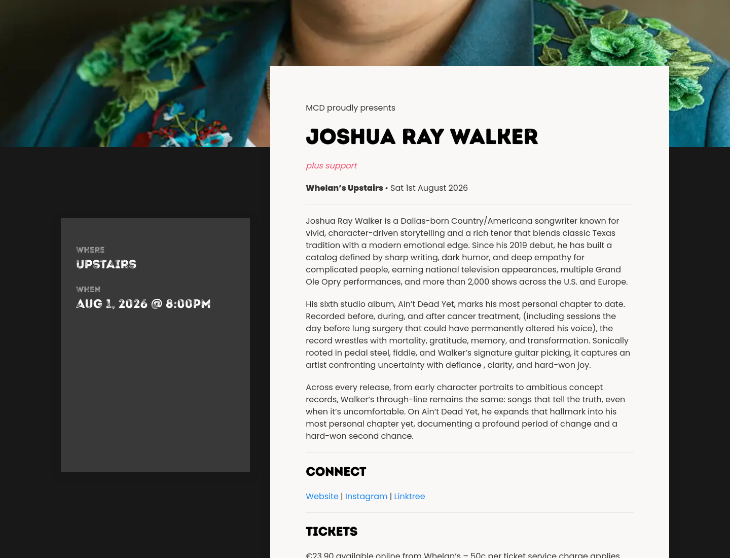 Joshua Ray Walker 都柏林现场演出：在 Whelan's 听叙事乡村音乐第1步报名页面截图