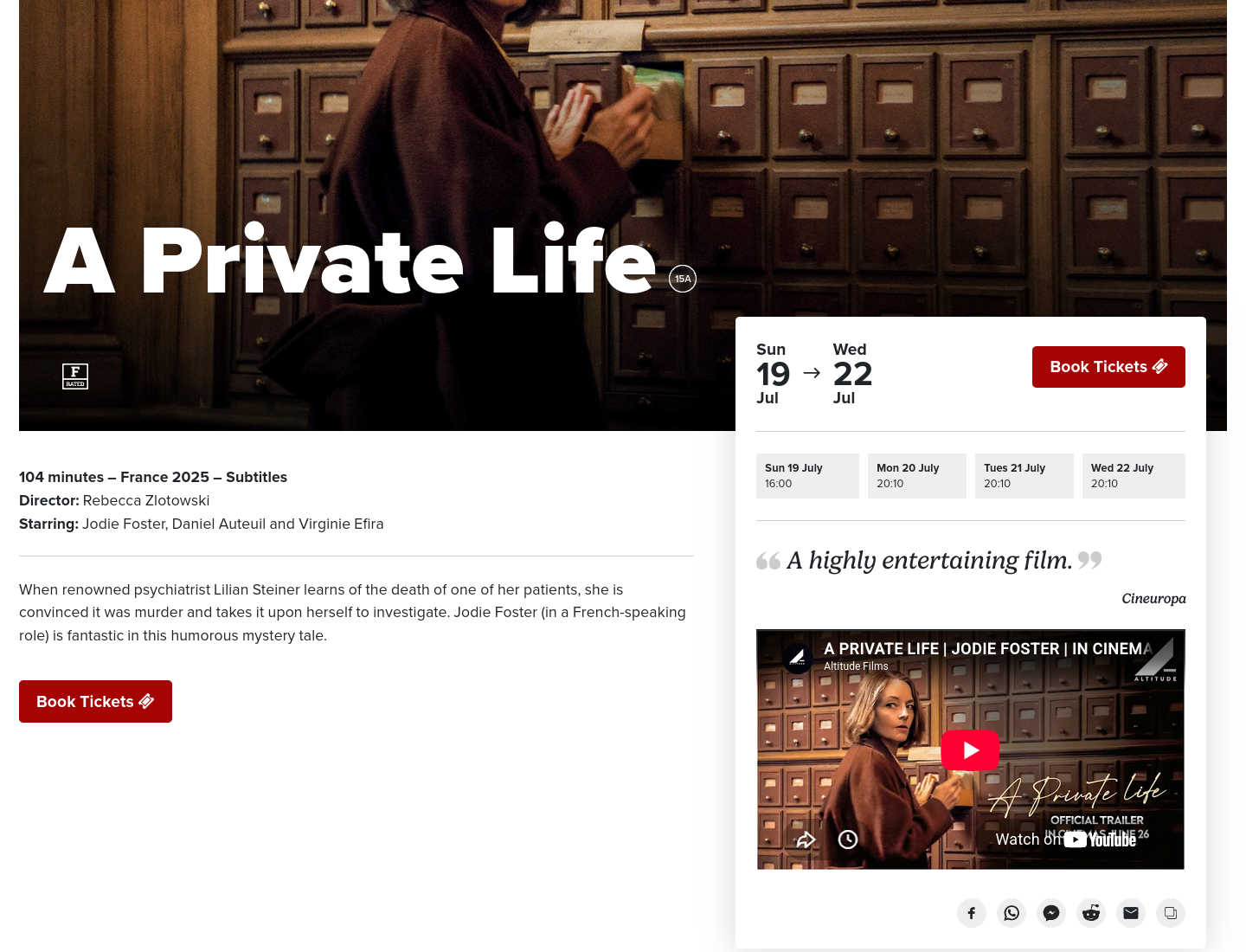 科克 Triskel Arts Centre 电影放映：《A Private Life》第1步报名页面截图