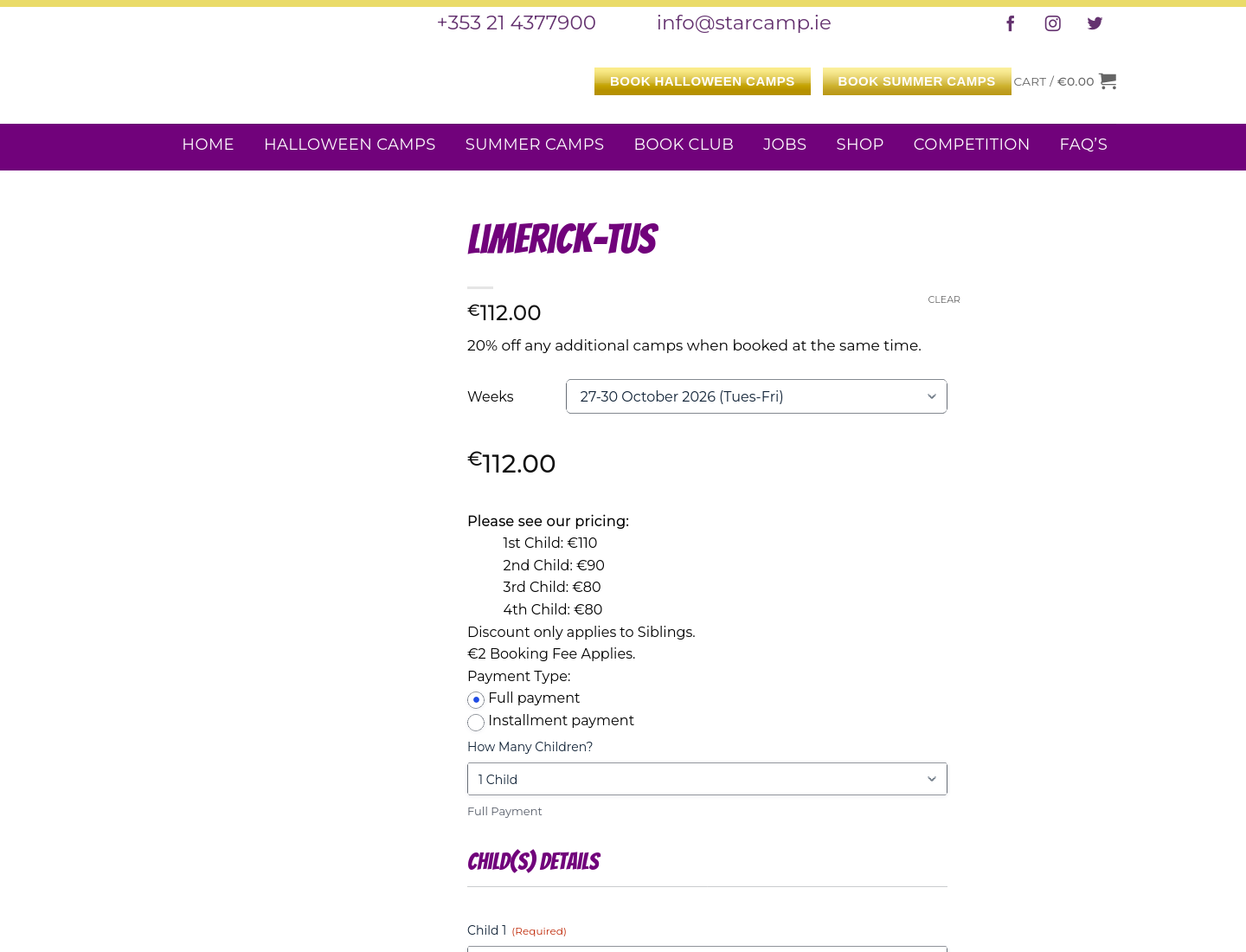 STARCAMP Limerick 万圣节营第1步报名页面截图
