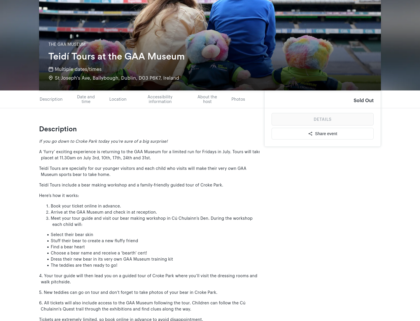 在克罗克公园做专属泰迪熊：儿童手作、球场参观和 GAA 博物馆体验第2步报名页面截图