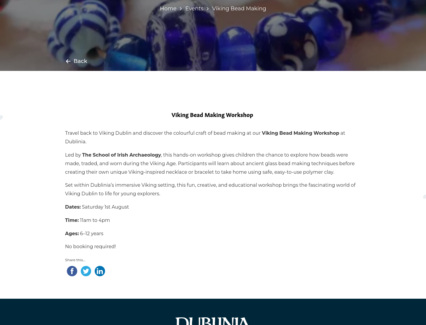 Dublinia 维京珠饰手工坊：儿童历史创意活动第1步报名页面截图