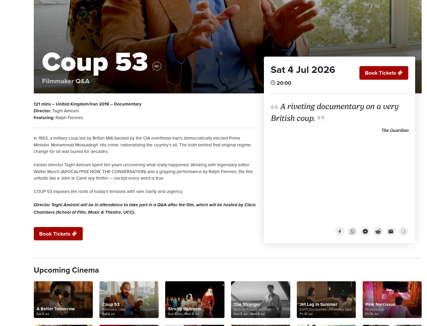 在科克 Triskel Arts Centre 观看纪录片《Coup 53》及导演问答会第1步报名页面截图