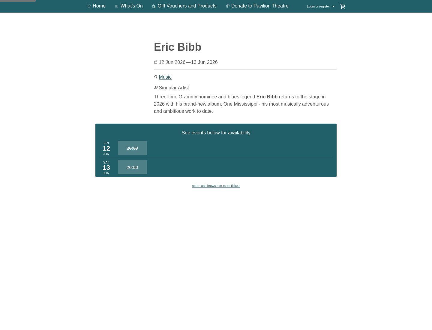 Pavilion Theatre 听 Eric Bibb：roots 和 blues 现场第2步报名页面截图